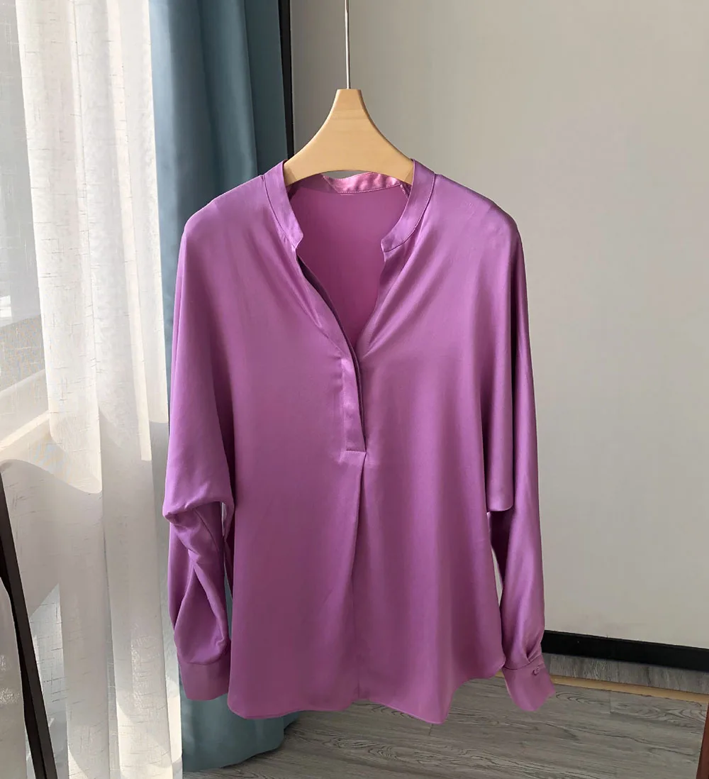 Дамски копринени сатен блузи с V-образно деколте и дълъг ръкав, однотонная блуза, топ Изображение 3