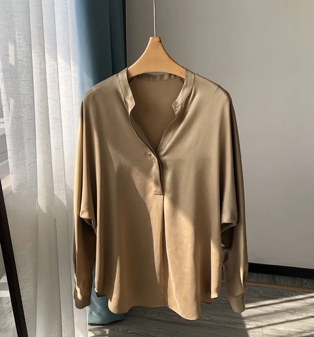 Дамски копринени сатен блузи с V-образно деколте и дълъг ръкав, однотонная блуза, топ Изображение 4