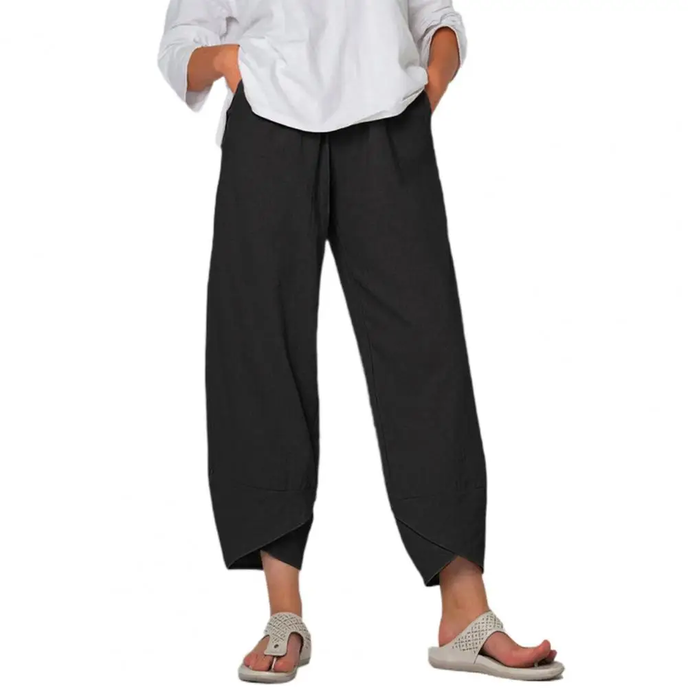 Дамски панталони Свободно намаляване с джобове, еластичен колан, Удобни и стилни ежедневни фрази, памучни широки ленени панталони, дамски дрехи Изображение 0