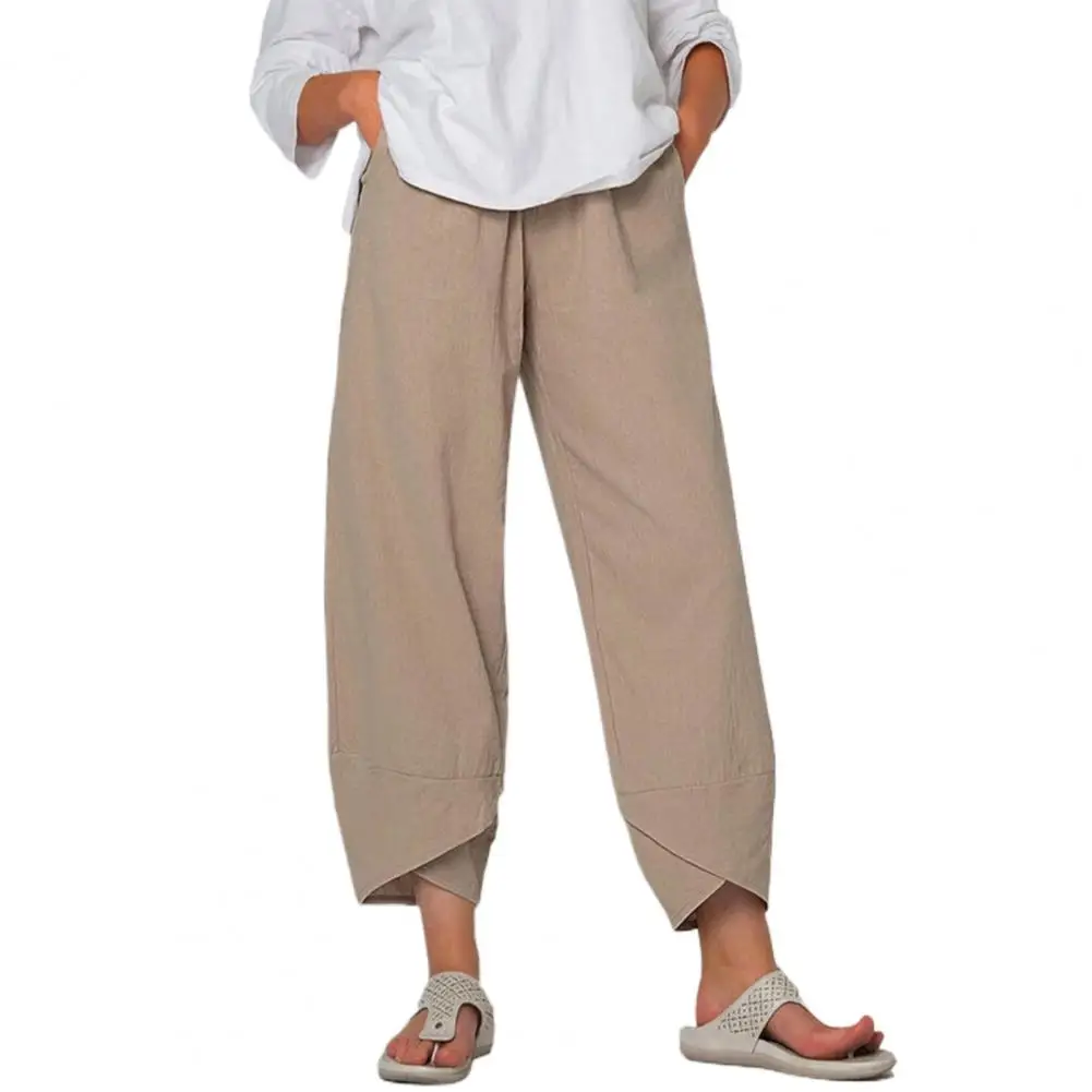 Дамски панталони Свободно намаляване с джобове, еластичен колан, Удобни и стилни ежедневни фрази, памучни широки ленени панталони, дамски дрехи Изображение 1