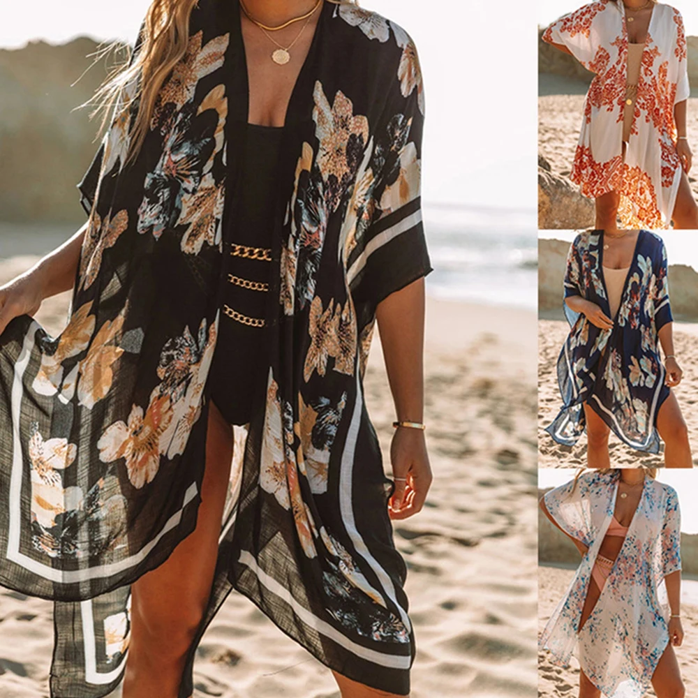Дамски плажни дрехи, блуза, пелерини, лятно кимоно, жилетка с цветна принтом, ежедневни свободни топове Изображение 0
