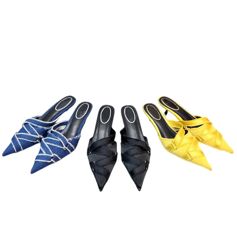 Дамски пролетно-летни елегантни сандали с пързалка, дизайнерски дънкови обувки-лодки на ниски токчета, секси слипоны с остри пръсти Изображение 0