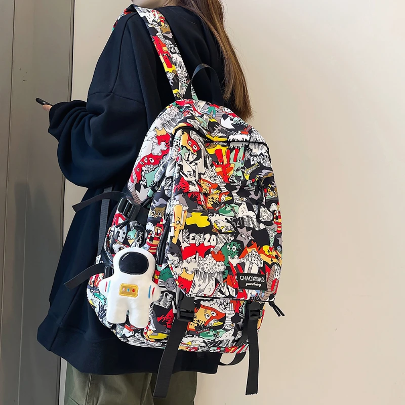 Дамски чанта за момчета-книги, найлонов женски модерен раница за лаптоп, студентски училищна чанта в стил харадзюку за момичета, мъжки училищна чанта, женски мъжки раница с принтом графити Изображение 0