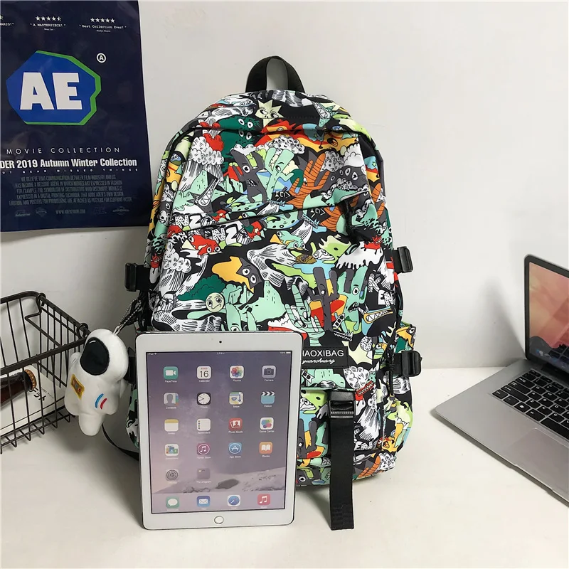 Дамски чанта за момчета-книги, найлонов женски модерен раница за лаптоп, студентски училищна чанта в стил харадзюку за момичета, мъжки училищна чанта, женски мъжки раница с принтом графити Изображение 4
