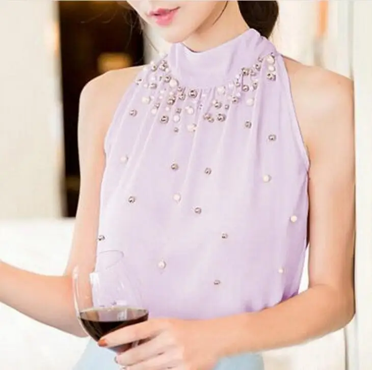 Дамски шифоновая блуза с мъниста, корейската мода, без ръкави, дамски шифоновая блуза с висока воротом, риза, дамски блузи, розово, зелено, S-XXXL Изображение 1