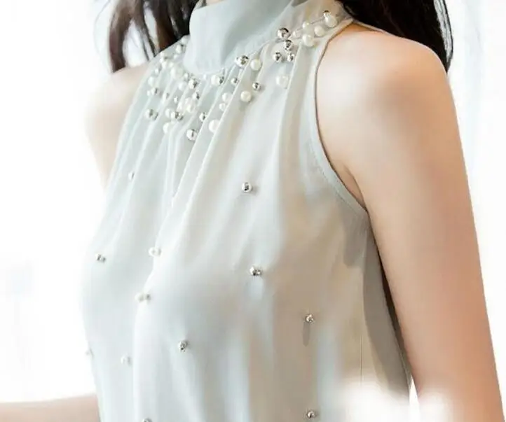Дамски шифоновая блуза с мъниста, корейската мода, без ръкави, дамски шифоновая блуза с висока воротом, риза, дамски блузи, розово, зелено, S-XXXL Изображение 5
