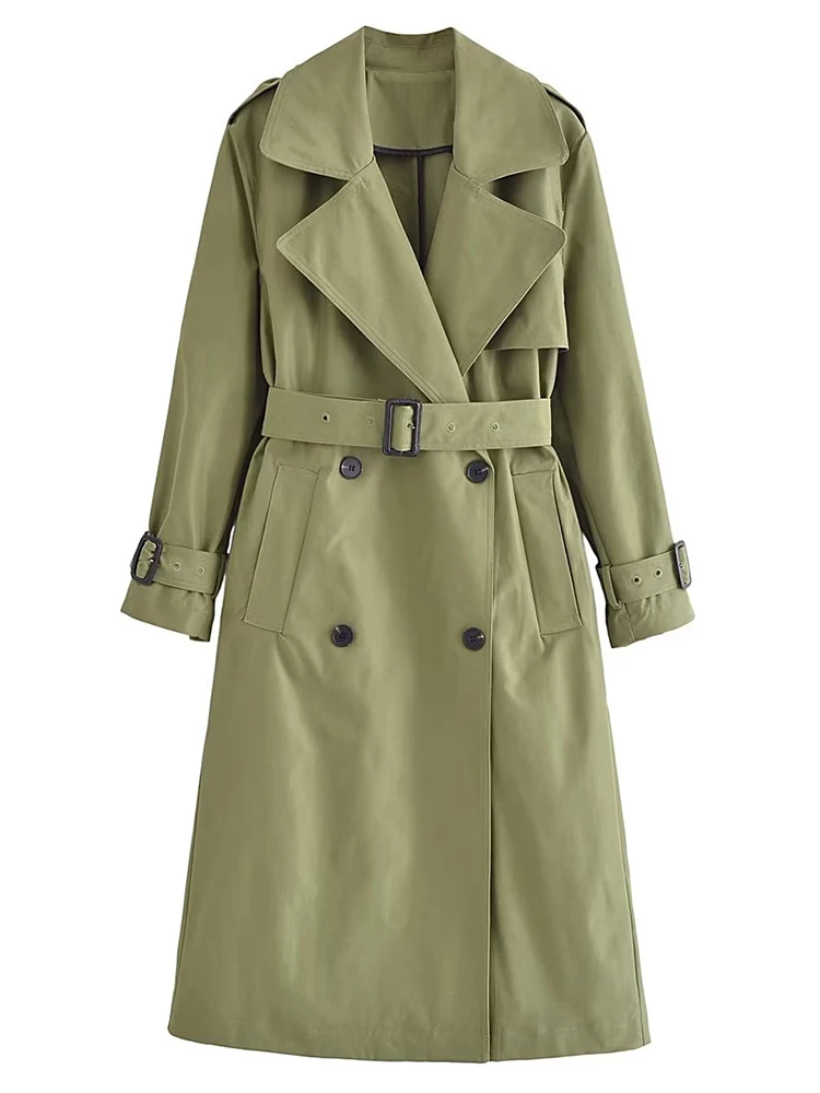 Дамско палто цвят Каки с дълъг шал яка лацканом, двубортный яке с дълги ръкави и колан, на новост 2023 г., ежедневните свободни палто за хай стрийт Изображение 0