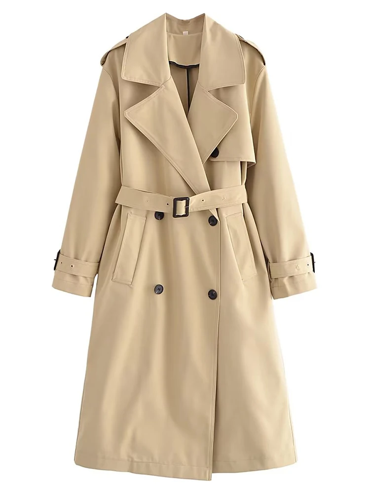 Дамско палто цвят Каки с дълъг шал яка лацканом, двубортный яке с дълги ръкави и колан, на новост 2023 г., ежедневните свободни палто за хай стрийт Изображение 1