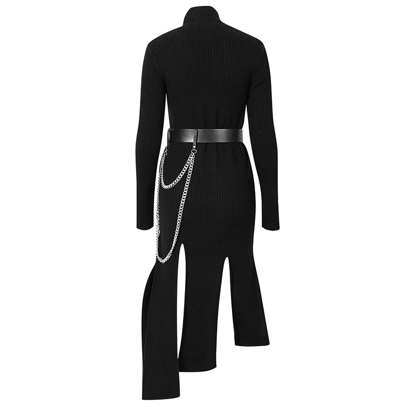 Дамско черно есента рокля-пуловер с висока воротом, асиметричен разрез, Колан-верига, вязаное ежедневното рокля миди с висока Талия Изображение 0
