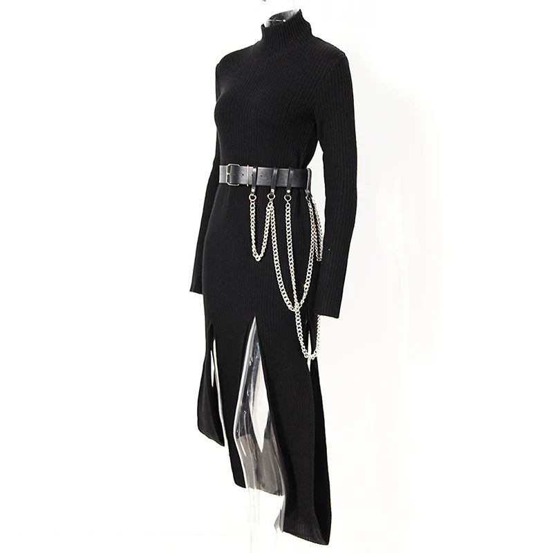 Дамско черно есента рокля-пуловер с висока воротом, асиметричен разрез, Колан-верига, вязаное ежедневното рокля миди с висока Талия Изображение 1