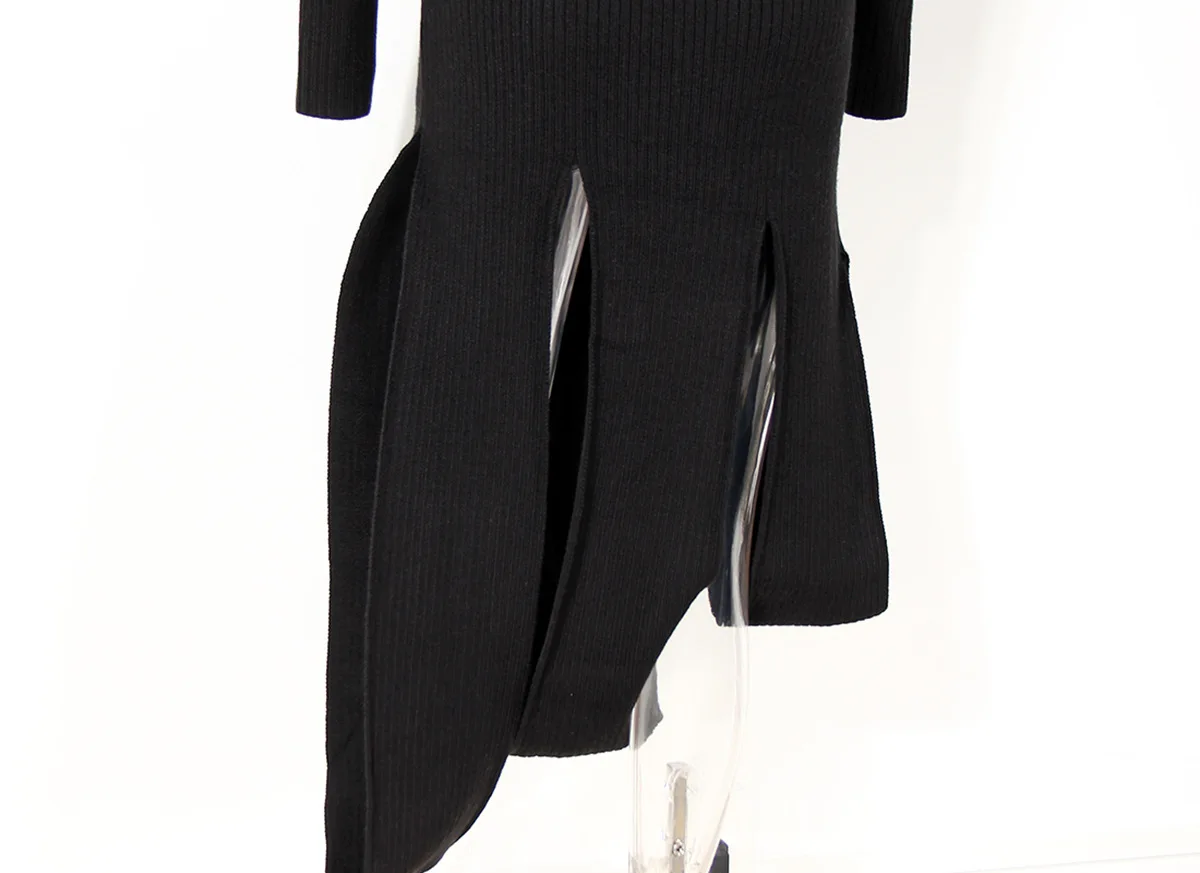 Дамско черно есента рокля-пуловер с висока воротом, асиметричен разрез, Колан-верига, вязаное ежедневното рокля миди с висока Талия Изображение 5