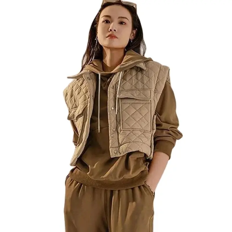 Дамско яке кайсиев цвят, с памучна подплата, къса однобортная яке без ръкави, женски лека жилетка, дълъг зимен топлоизолация Изображение 0