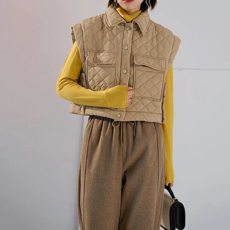 Дамско яке кайсиев цвят, с памучна подплата, къса однобортная яке без ръкави, женски лека жилетка, дълъг зимен топлоизолация Изображение 3