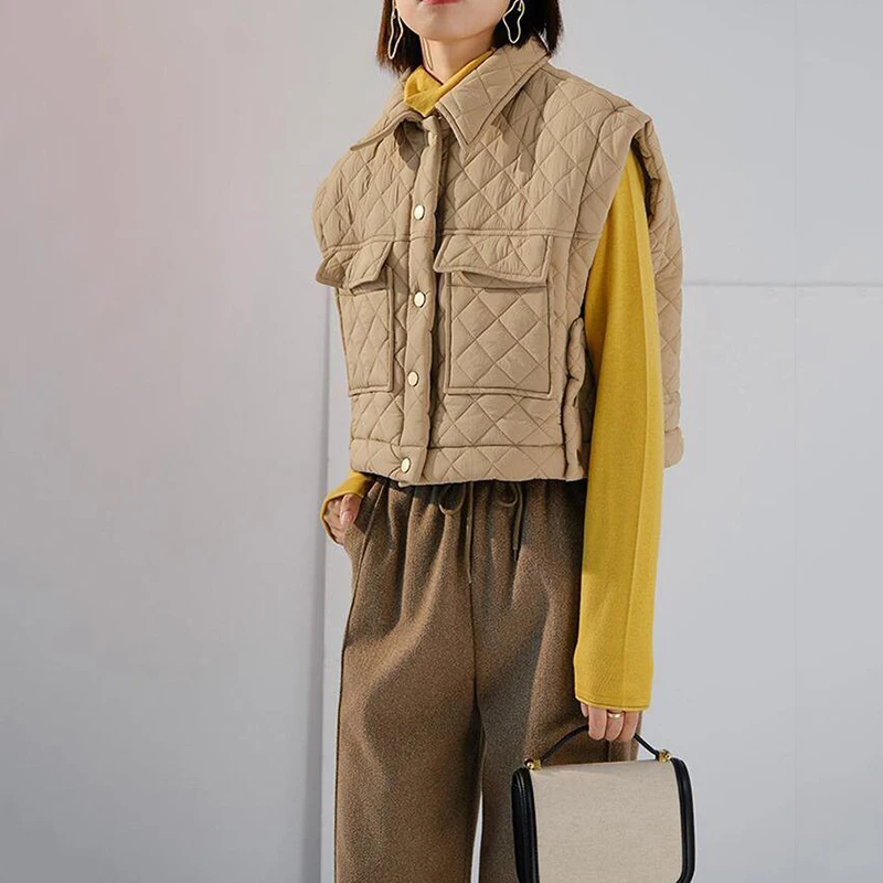 Дамско яке кайсиев цвят, с памучна подплата, къса однобортная яке без ръкави, женски лека жилетка, дълъг зимен топлоизолация Изображение 4