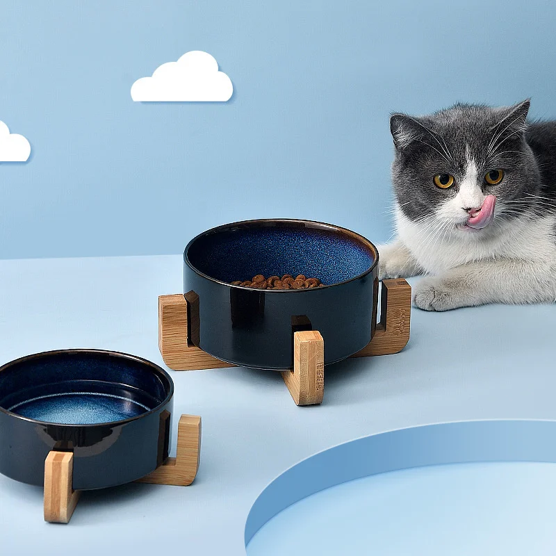 Двойна купа за котки Starry, кучешка храна и вода, а за коте и кученце с дървена стойка, здрава безопасна кръгла ясла за домашни любимци Изображение 1