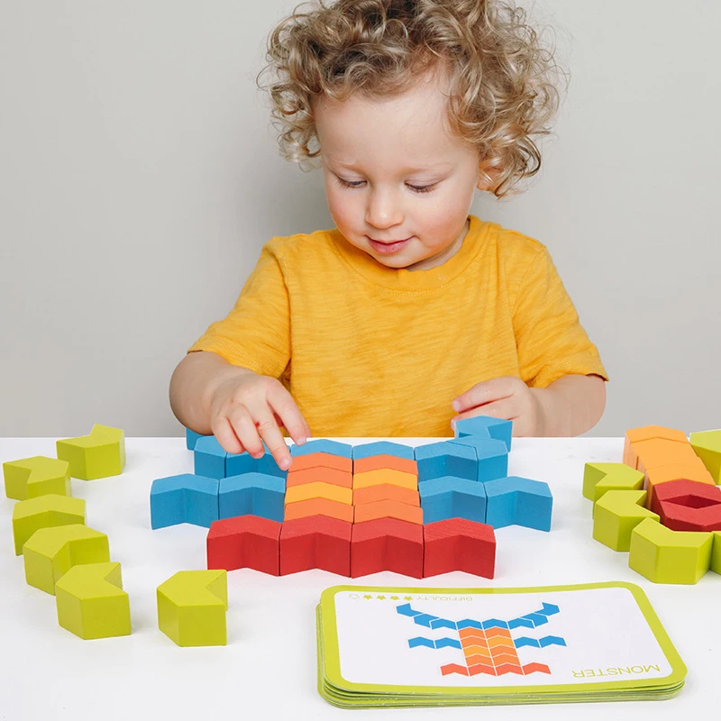 Детски 3D играчки-пъзели, големи блокове, подходящи по цвят и форма, Логически игри, Уроци по логичен начин на мислене, Творчески цветни дървени играчки Монтесори Изображение 1