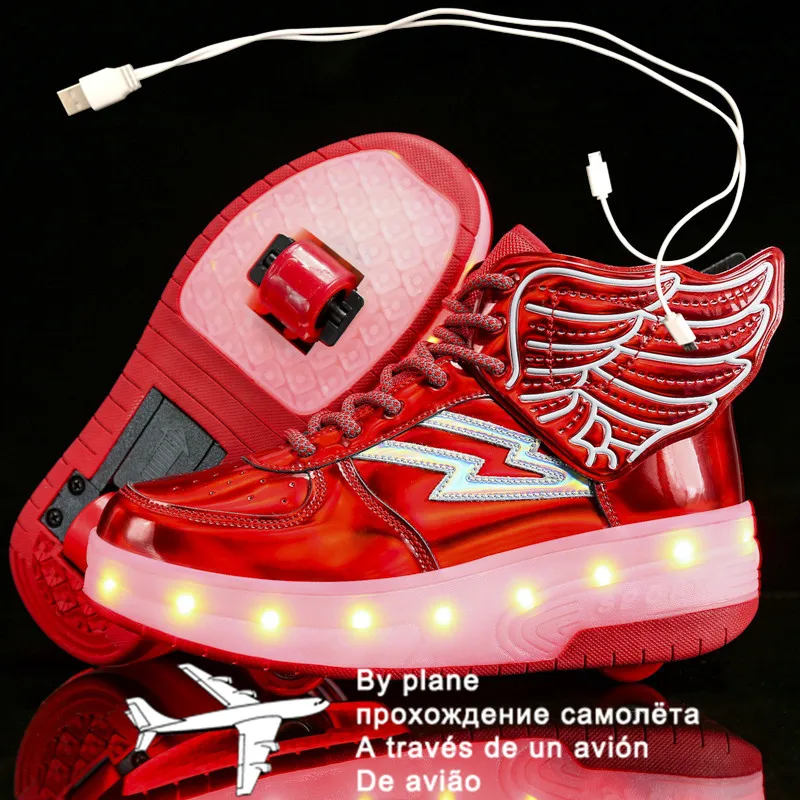 Детски Светещи маратонки на две колела, черно-розови обувки за ролери с led подсветка, детски обувки с led подсветка за момчета и момичета, USB зареждане Изображение 0