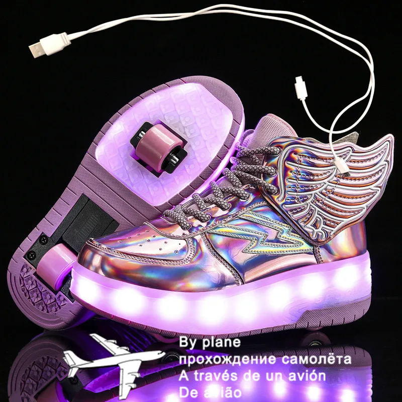 Детски Светещи маратонки на две колела, черно-розови обувки за ролери с led подсветка, детски обувки с led подсветка за момчета и момичета, USB зареждане Изображение 1
