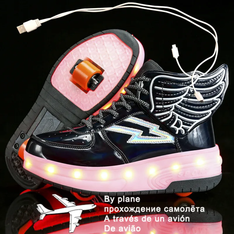Детски Светещи маратонки на две колела, черно-розови обувки за ролери с led подсветка, детски обувки с led подсветка за момчета и момичета, USB зареждане Изображение 4