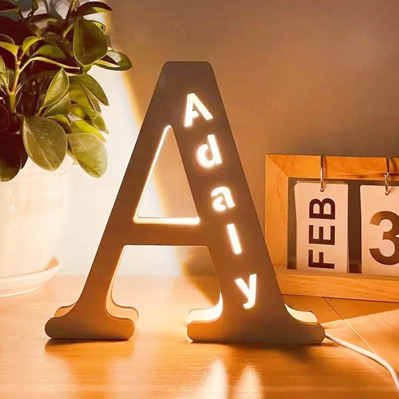 Детско потребителско име, една азбука, лека нощ, декорация от дърво, нощна лампа, led, с монтиран на стената лампа, писмо, персонализиран подарък за рожден Ден за деца Изображение 3