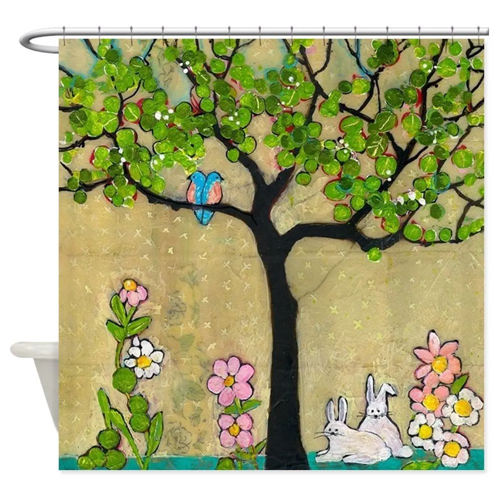 Дизайнерски Декоративни Тъканно Завеса за душ с Птици и Кроличьим Дърво Изображение 0