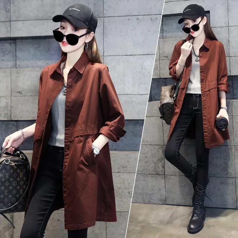 Дълго палто, женски есенен тренч, дълъг ръкав, плътен джоб, всекидневни тренч, есен облекло, корейската дамско яке X129 Изображение 1