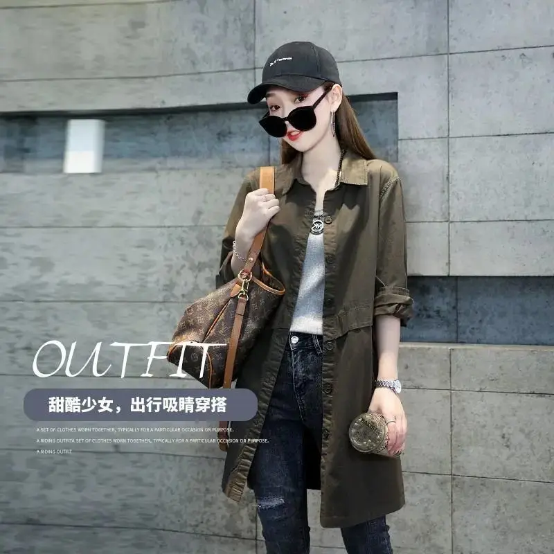 Дълго палто, женски есенен тренч, дълъг ръкав, плътен джоб, всекидневни тренч, есен облекло, корейската дамско яке X129 Изображение 2