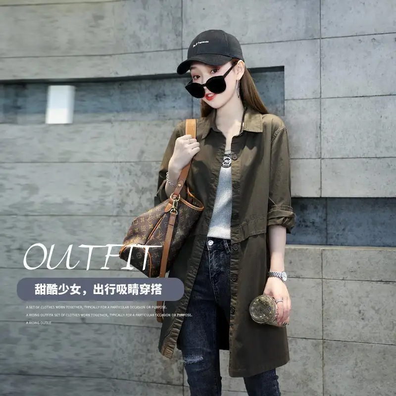 Дълго палто, женски есенен тренч, дълъг ръкав, плътен джоб, всекидневни тренч, есен облекло, корейската дамско яке X129 Изображение 4