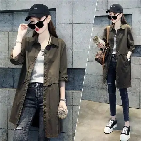 Дълго палто, женски есенен тренч, дълъг ръкав, плътен джоб, всекидневни тренч, есен облекло, корейската дамско яке X129 Изображение 5