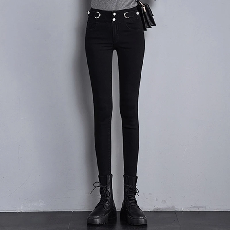 Дънкови панталони с висока талия, женски нови обикновена панталони за студенти, тънки стрейчевые черни дънки-молив, женски Изображение 0