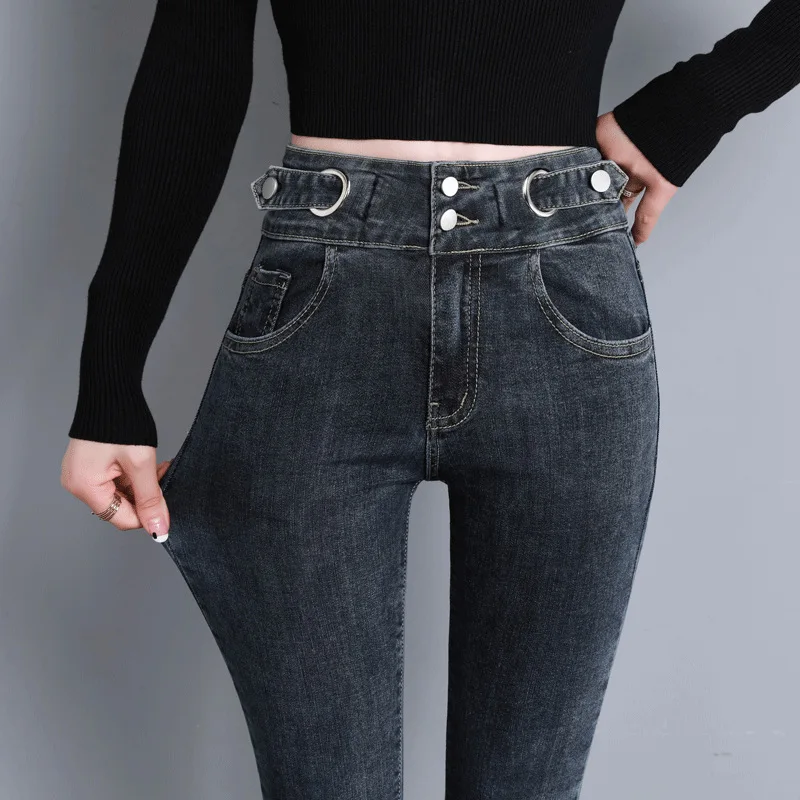 Дънкови панталони с висока талия, женски нови обикновена панталони за студенти, тънки стрейчевые черни дънки-молив, женски Изображение 3