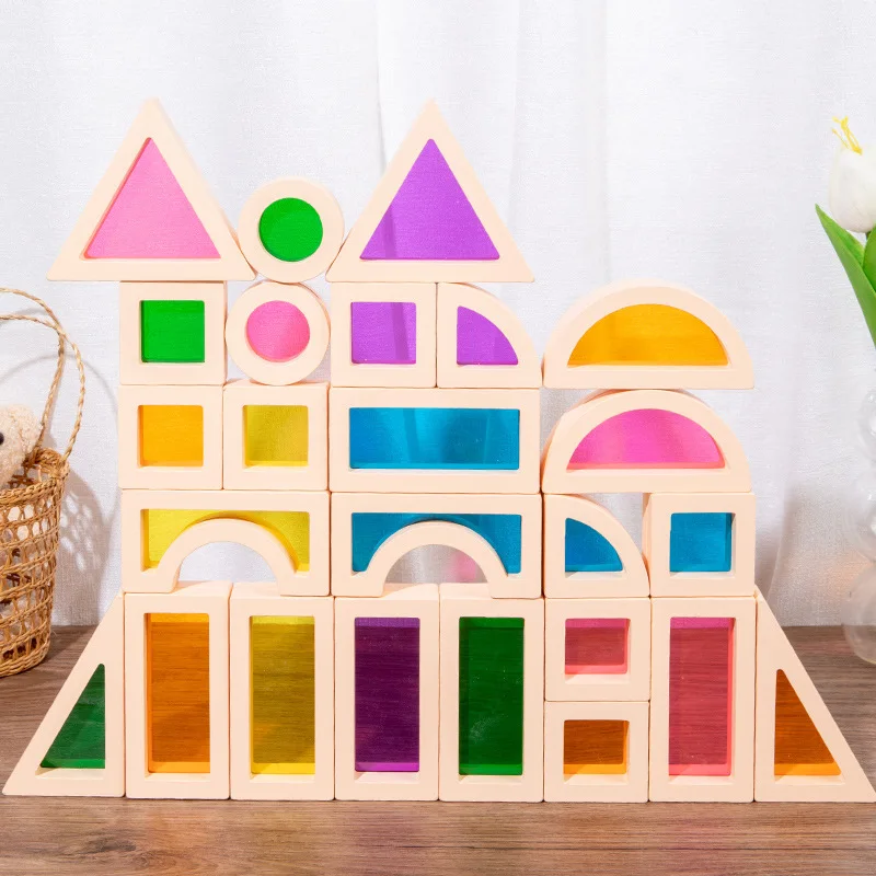Дървени Преливащи Штабелирующие Блокове, Креативни Цветни Образователни Строителни Светопропускающие Строителни Играчки За Деца Изображение 0