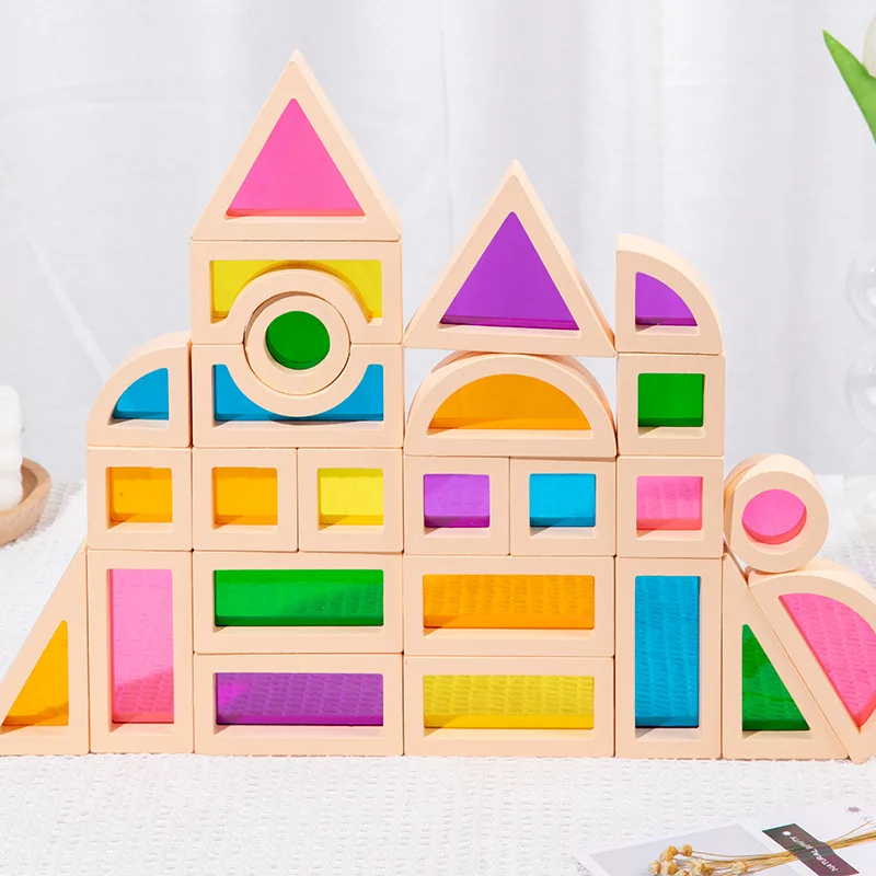 Дървени Преливащи Штабелирующие Блокове, Креативни Цветни Образователни Строителни Светопропускающие Строителни Играчки За Деца Изображение 2