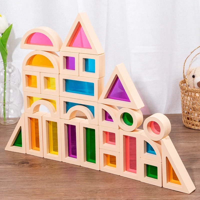 Дървени Преливащи Штабелирующие Блокове, Креативни Цветни Образователни Строителни Светопропускающие Строителни Играчки За Деца Изображение 4