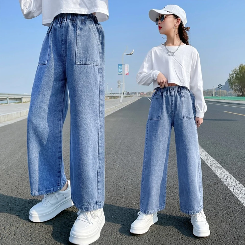 Ежедневните дънки Melario, дрехи за момичета, еластичен деним широки панталони с висока талия, пролетта прави панталони за по-големите деца, детски дънки Изображение 1