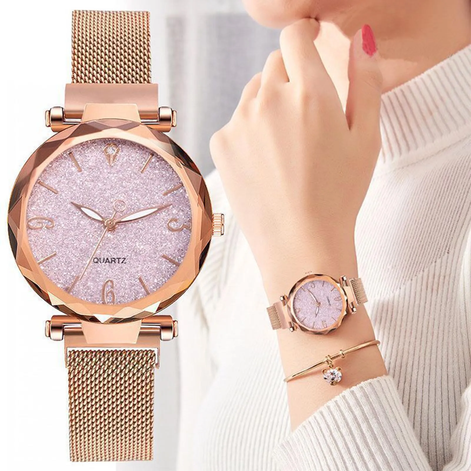 Елегантен ръчен часовник за жени с мрежесто каишка, часовник с голям циферблат и декорация във формата на сърце за пазаруване и за ежедневието AIC88 Изображение 1