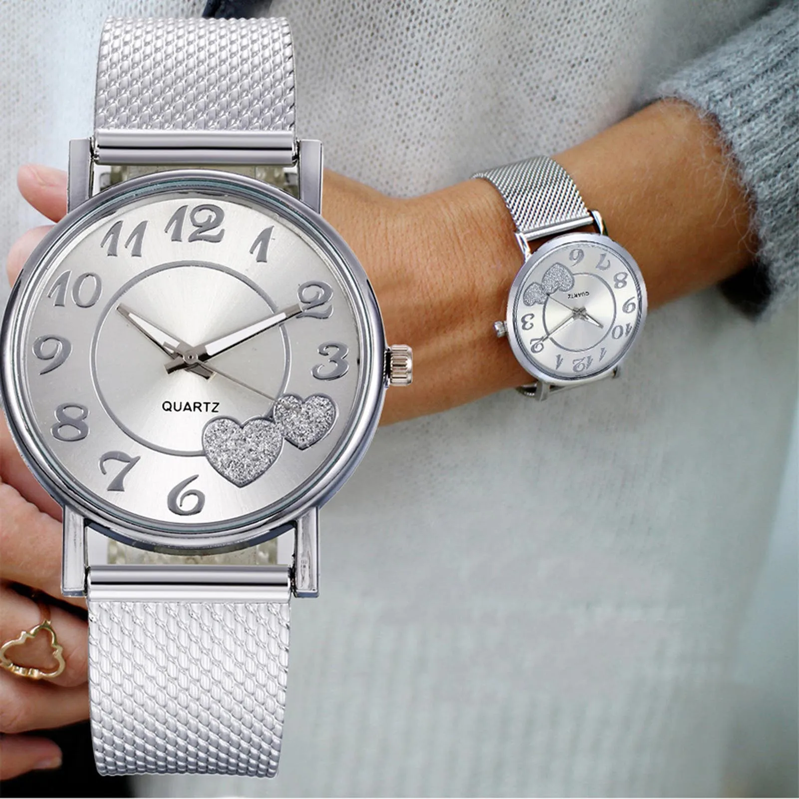 Елегантен ръчен часовник за жени с мрежесто каишка, часовник с голям циферблат и декорация във формата на сърце за пазаруване и за ежедневието AIC88 Изображение 5