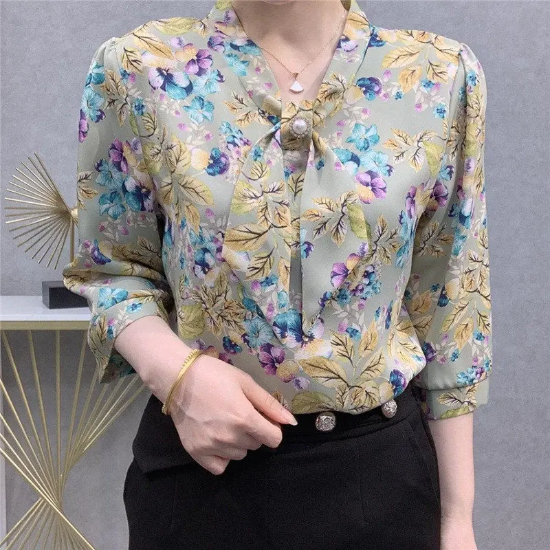 Елегантна луксозна модерна блуза с лък, дамски ежедневни свободна риза с флорална принтом графити, ръкав три четвърти, дамски блузи, Blusas Mujer 4XL Изображение 1