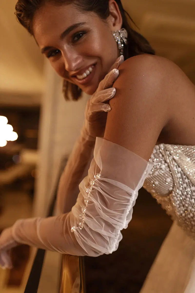 Елегантна сватбена рокля от тюл трапецовидна форма с пайети, без презрамки, с цип отзад, секси рокля с висока цепка Изображение 5