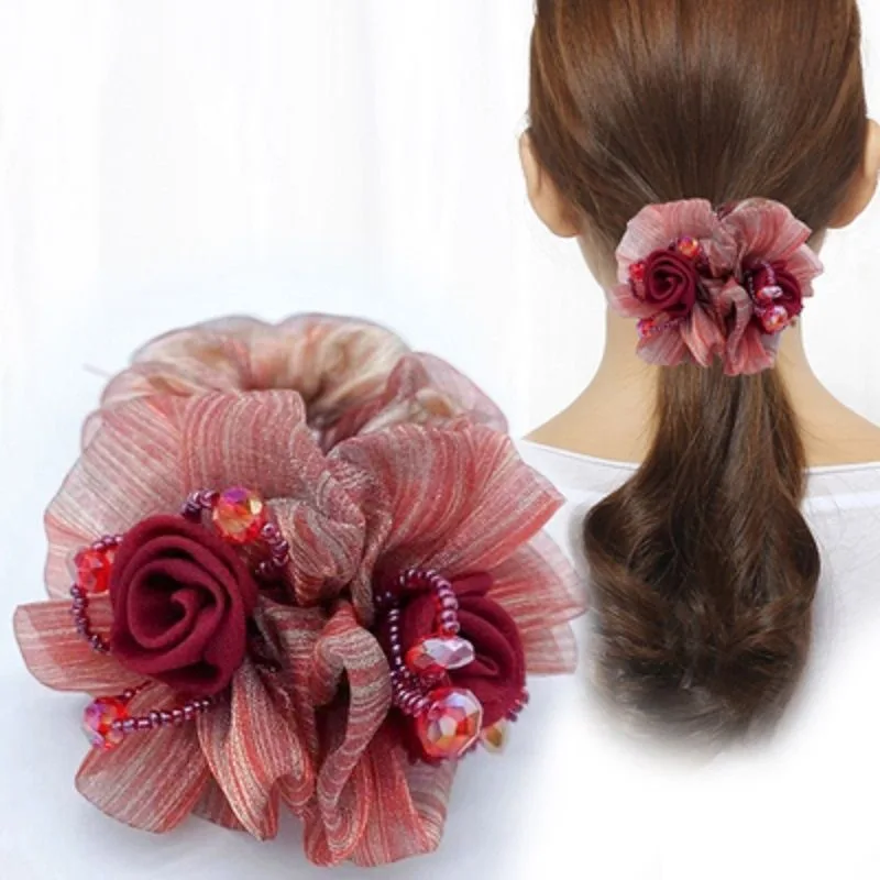 Елегантни дамски превръзки на глава от органза с рози, красиви цветни ленти, трайно еластично пръстен за коса, украса за коса Изображение 1