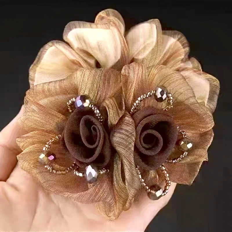 Елегантни дамски превръзки на глава от органза с рози, красиви цветни ленти, трайно еластично пръстен за коса, украса за коса Изображение 2