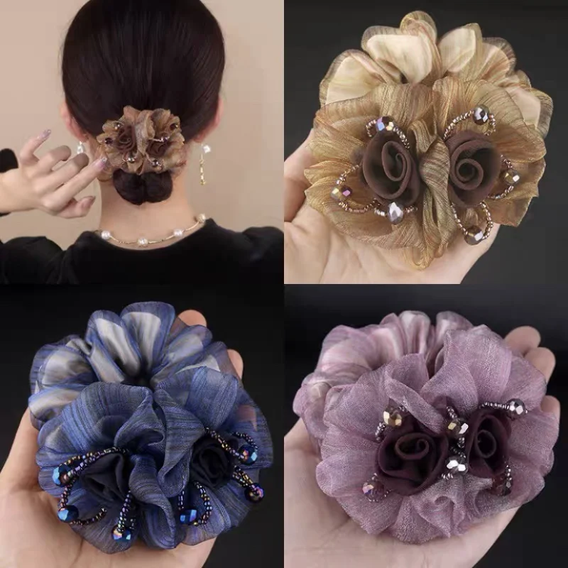 Елегантни дамски превръзки на глава от органза с рози, красиви цветни ленти, трайно еластично пръстен за коса, украса за коса Изображение 5