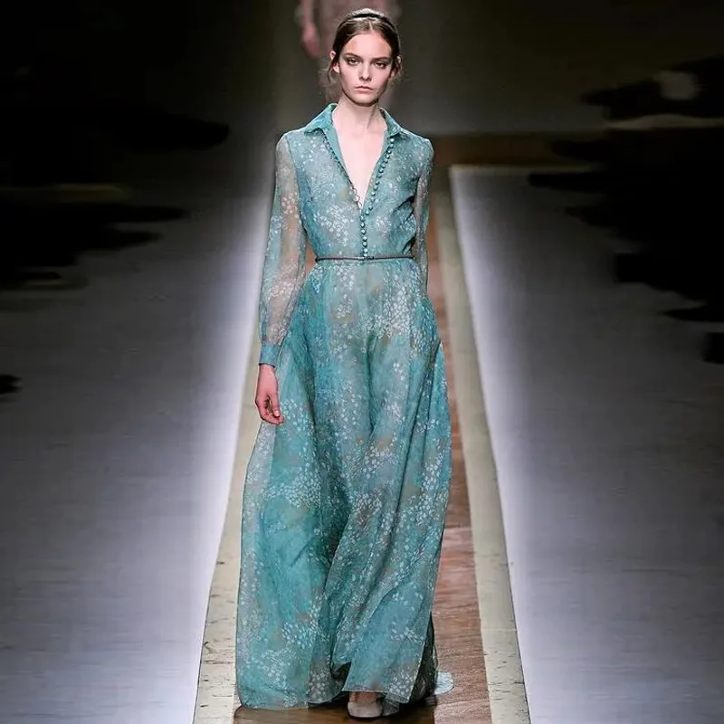 Елегантно синьо шифоновое дълга рокля с флорални принтом за жени 2023, дизайнерско винтажное лятото плиссированное Макси рокля с дълъг ръкав Изображение 0