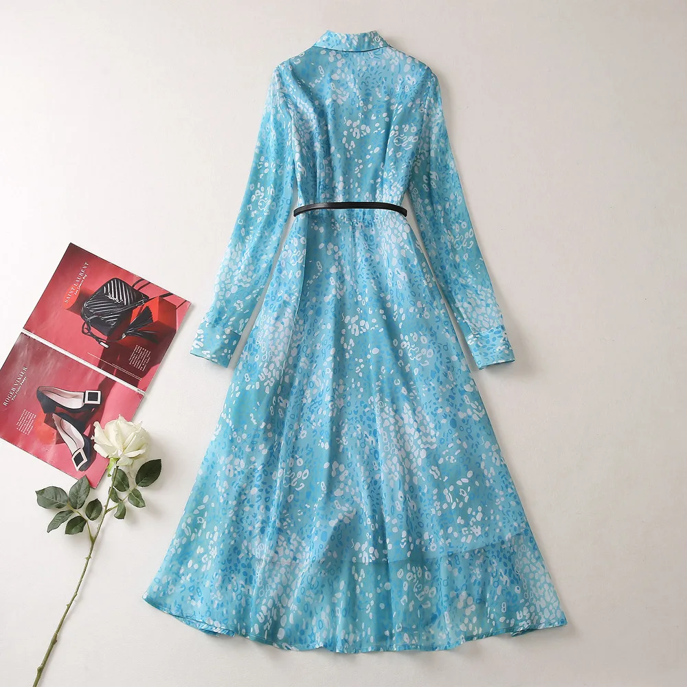 Елегантно синьо шифоновое дълга рокля с флорални принтом за жени 2023, дизайнерско винтажное лятото плиссированное Макси рокля с дълъг ръкав Изображение 2