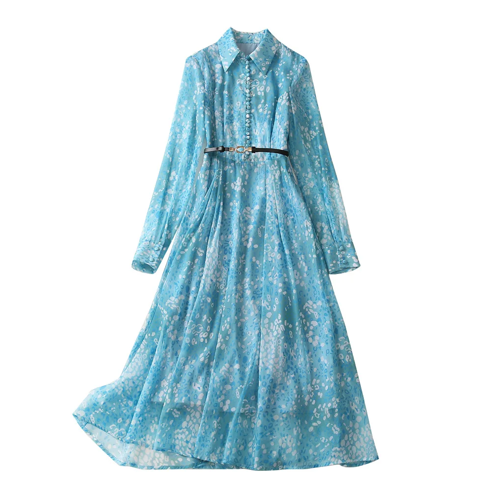 Елегантно синьо шифоновое дълга рокля с флорални принтом за жени 2023, дизайнерско винтажное лятото плиссированное Макси рокля с дълъг ръкав Изображение 4