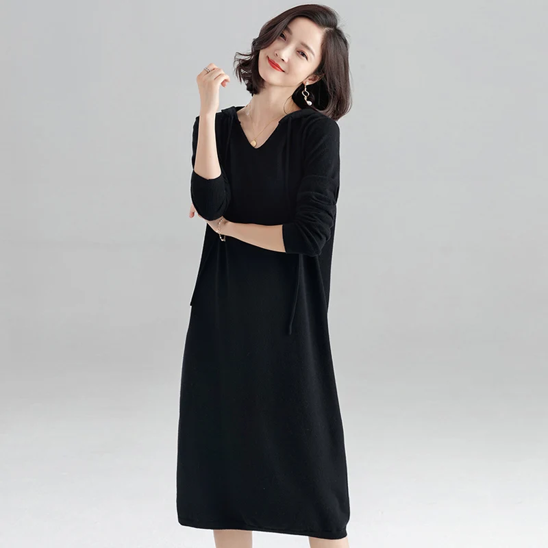 Есен ново свободно топло рокля-пуловер, женски ежедневна рокля с качулка, женски, черно вязаное рокля с дълъг ръкав, женски Изображение 0