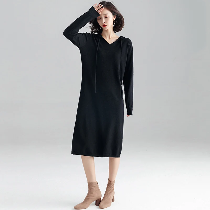 Есен ново свободно топло рокля-пуловер, женски ежедневна рокля с качулка, женски, черно вязаное рокля с дълъг ръкав, женски Изображение 5
