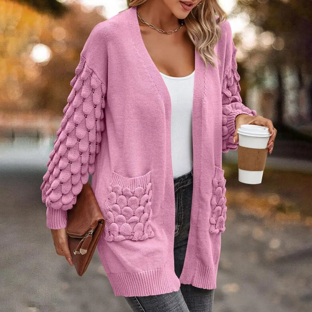 Есенен пуловер, палто, стилен женски вязаный жилетка свободно, намаляване, дълъг ръкав, пуловер със средна дължина, палто с джобове, монофонични Изображение 3
