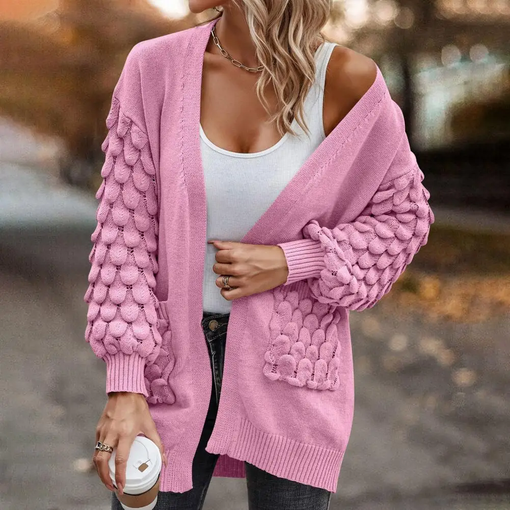 Есенен пуловер, палто, стилен женски вязаный жилетка свободно, намаляване, дълъг ръкав, пуловер със средна дължина, палто с джобове, монофонични Изображение 4
