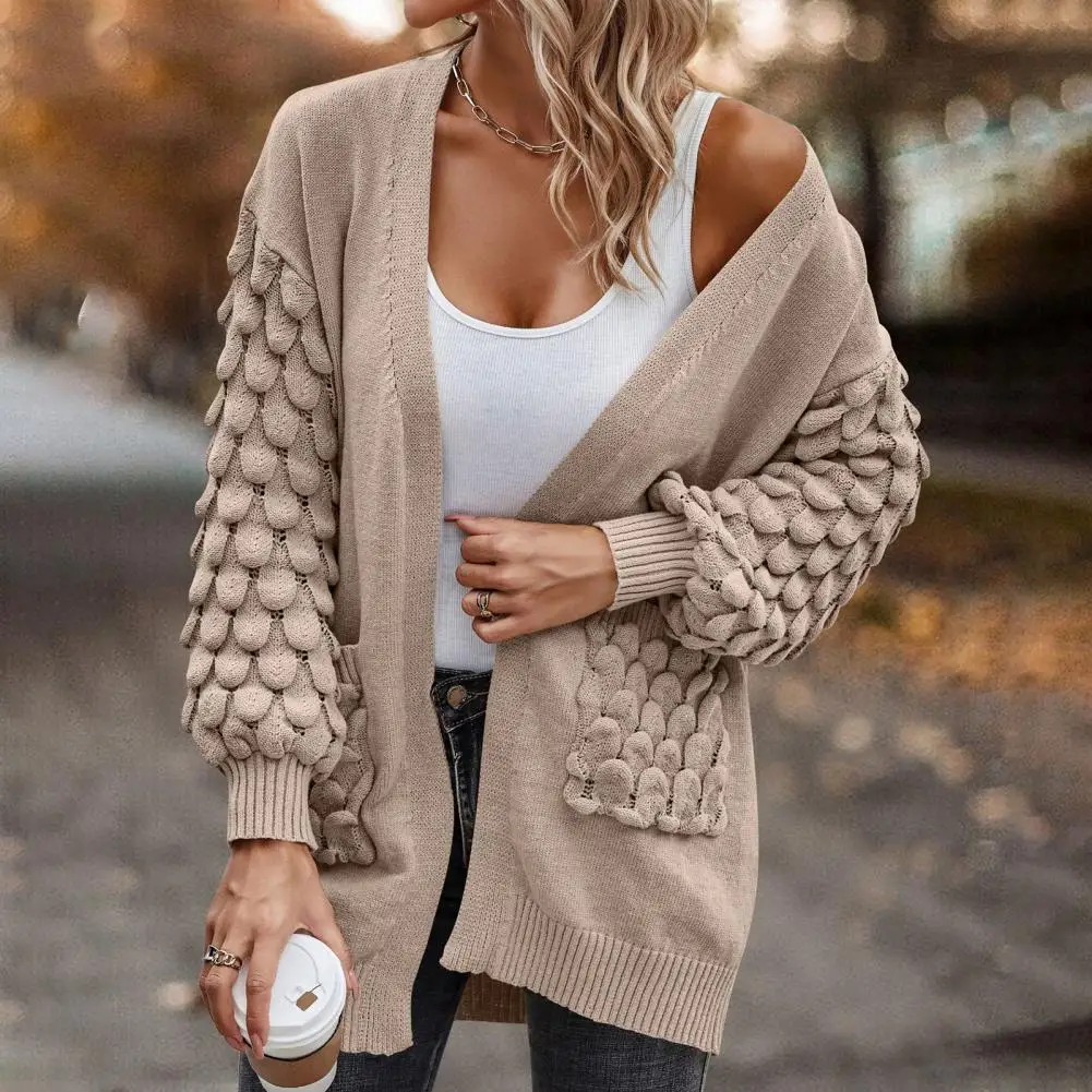 Есенен пуловер, палто, стилен женски вязаный жилетка свободно, намаляване, дълъг ръкав, пуловер със средна дължина, палто с джобове, монофонични Изображение 5